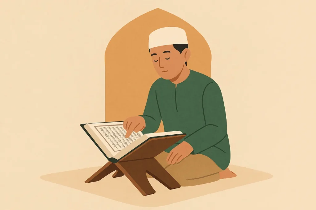 Seorang pria duduk di masjid sambil membaca Al Quran pada pagi hari Jumat menggambarkan salah satu amalan terbaik di hari Jumat yang penuh berkah