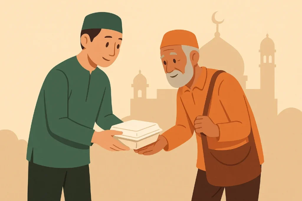 Seorang pria muda memberikan kotak makan kepada seorang lansia, menunjukkan aksi berbagi Jumat Berkah di depan latar masjid.