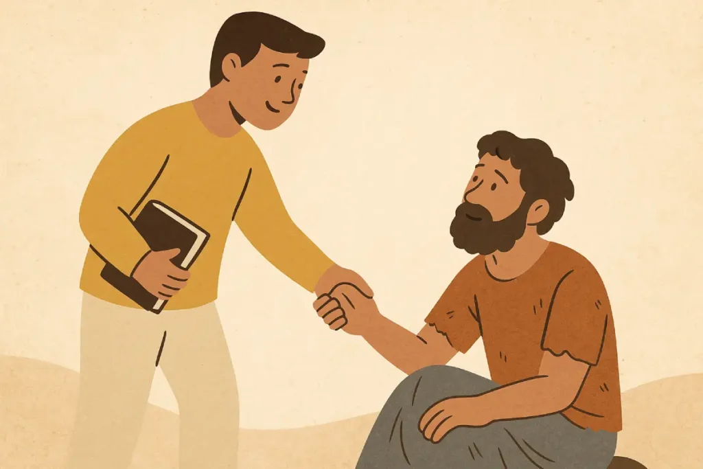 Seorang pria membantu seorang lainnya yang duduk di tanah dengan tangan terbuka, mencerminkan aksi berbuat baik dalam kehidupan sehari-hari.