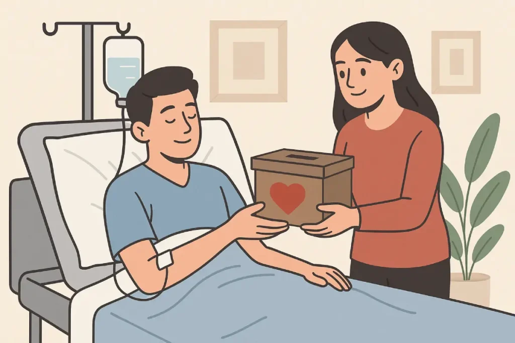 Seorang wanita menyerahkan kotak donasi untuk orang sakit kepada pasien yang sedang dirawat di rumah sakit.