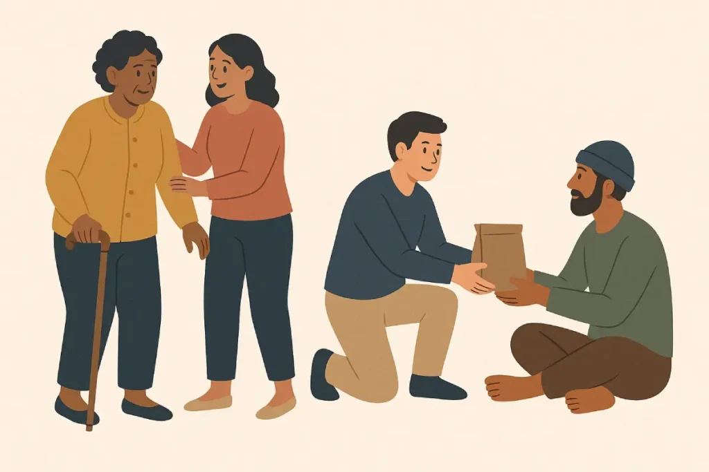 Seorang wanita membantu seorang lansia dengan tongkat, sementara pria lainnya memberikan tas bantuan kepada orang yang membutuhkan, menunjukkan aksi kebajikan dan kebaikan dalam bentuk dukungan langsung terhadap sesama.