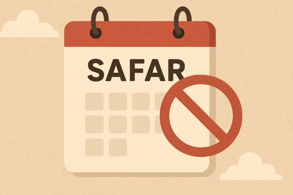 Sebuah halaman kalender bertuliskan SAFAR dengan simbol larangan merah, menggambarkan mitos dan kenyataan seputar bentuk larangan bulan safar dalam Islam.
