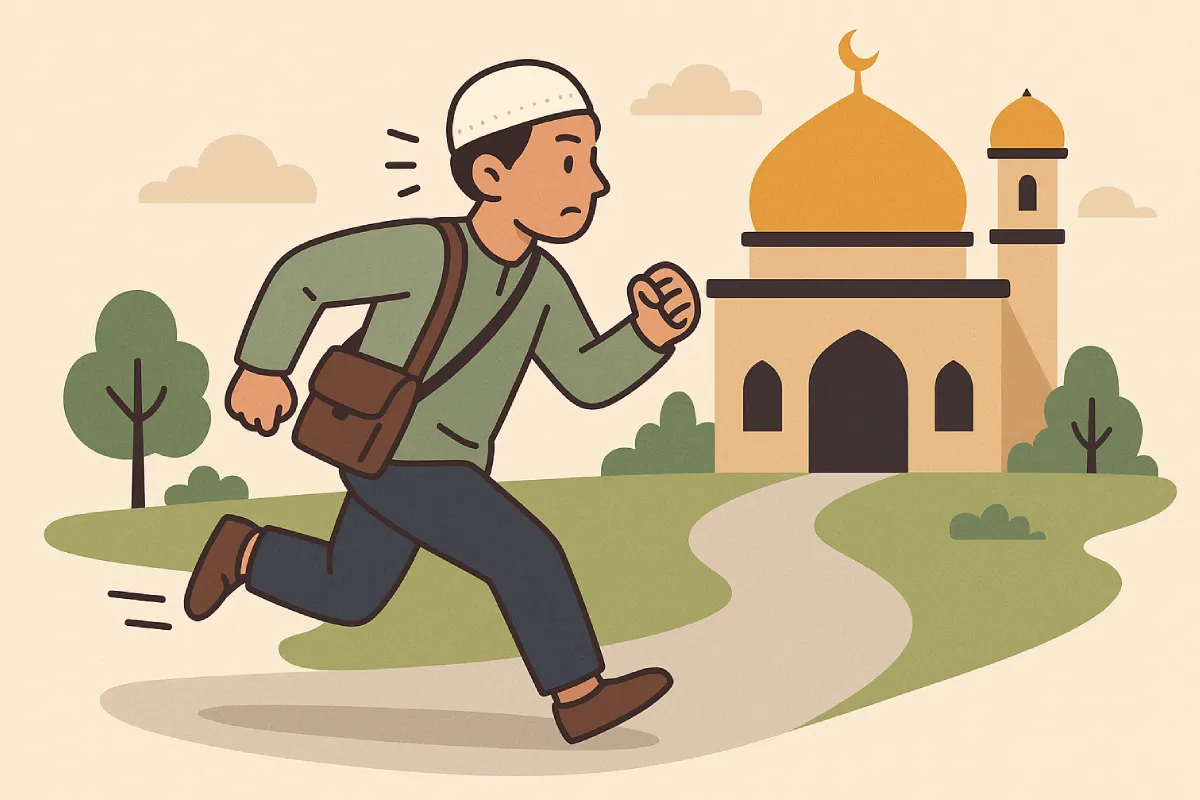 Seorang pria berjalan cepat menuju masjid sambil membawa sajadah menggambarkan semangat menyegerakan pergi ke masjid sebagai amalan terbaik di hari Jumat