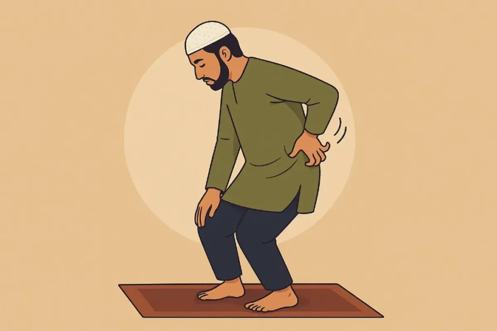 Seorang pria sedang berdiri dalam posisi sholat sambil menahan nyeri di punggung, menggambarkan konteks 3 kali gerak saat sholat.