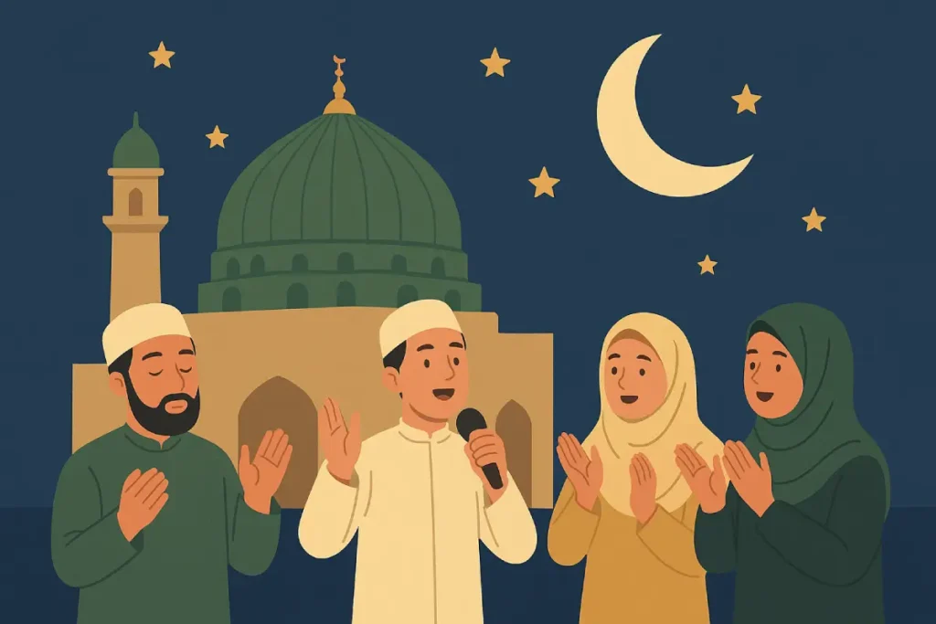 Sekelompok orang sedang menyanyikan sholawat di depan masjid dengan latar bulan sabit dan bintang, menggambarkan perayaan Maulid Nabi Muhammad.