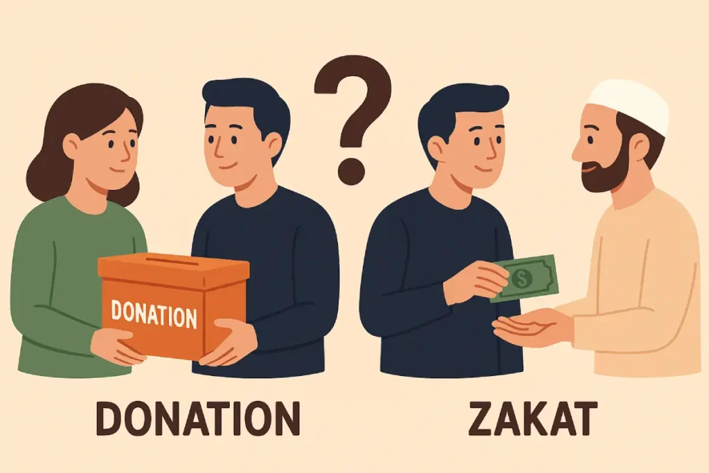 Dua kelompok orang menunjukkan aksi donasi dan zakat, dipisahkan oleh tanda tanya, menggambarkan perbedaan antara keduanya.