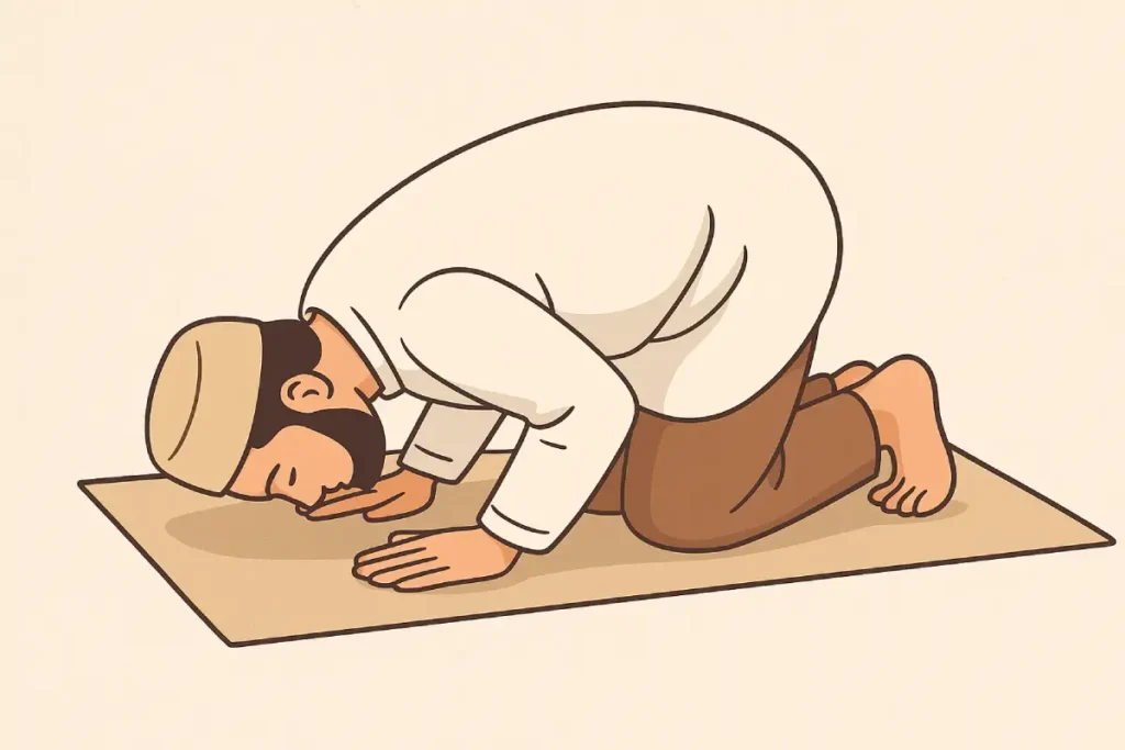 Seorang pria sedang sujud dalam sholat, menggambarkan situasi larangan dalam sholat yang harus dihindari.