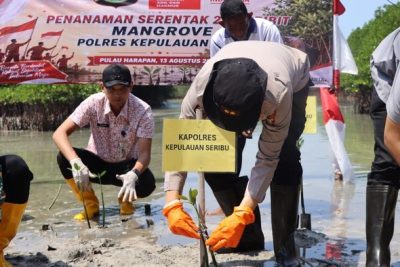 Sambut HUT RI, Polres Kepulauan Seribu Tanam 2.000 Mangrove-Salurkan Bansos