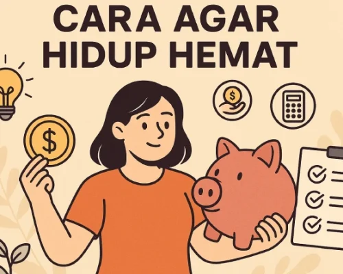 Ilustrasi gaya kartun wanita berbaju oranye memegang koin dolar, piggy bank, dan daftar checklist. Icon lampu, tangan beri uang, serta kalkulator di latar krem dengan daun ilustrasi, simbol hemat uang dan manajemen keuangan.