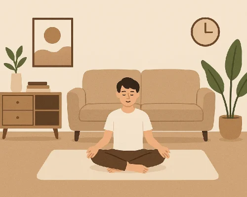 Gaya hidup minimalis diwujudkan melalui ruang yang lega tanpa hiasan berlebihan: satu kursi, meja kayu, dan tanaman kecil sebagai sentuhan alami.