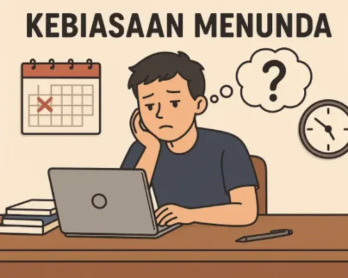 Gelisah karena tugas belum dimulai, meski waktu terus berjalan. Gambarkan bagaimana kebiasaan menunda bisa menguras energi dan bikin hari makin berat.
