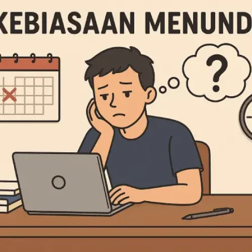 Gelisah karena tugas belum dimulai, meski waktu terus berjalan. Gambarkan bagaimana kebiasaan menunda bisa menguras energi dan bikin hari makin berat.