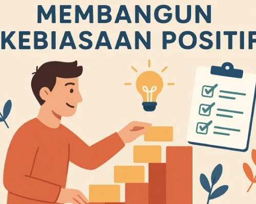 Ilustrasi perjalanan membangun kebiasaan positif melalui langkah konsisten menuju tujuan besar.
