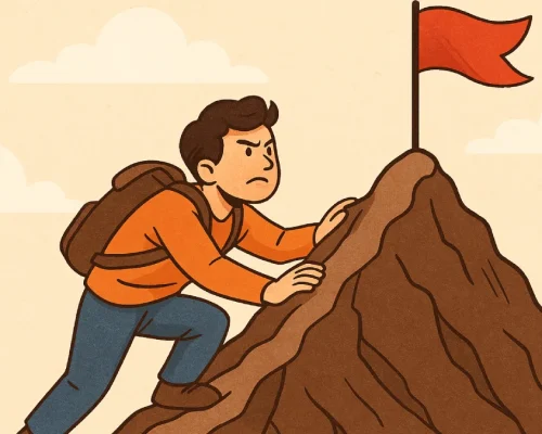 Pantang menyerah tercermin dari sikap pria ini: meski jalan menuju puncak terasa sulit, ia tetap berpegang pada tujuan dan tidak mudah menyerah.