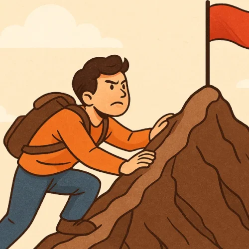 Pantang menyerah tercermin dari sikap pria ini: meski jalan menuju puncak terasa sulit, ia tetap berpegang pada tujuan dan tidak mudah menyerah.