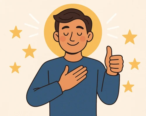 Visual karakter baik yang menggabungkan simbol spiritual dan ekspresi bahagia.