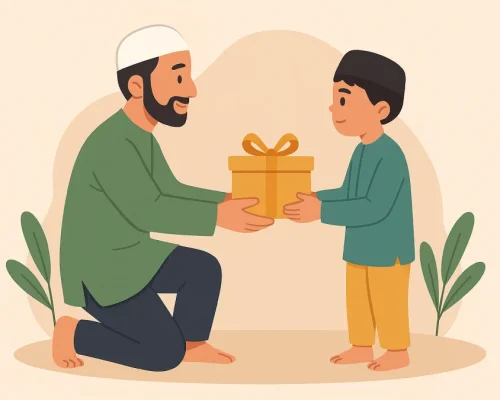 Seorang lelaki berpakaian hijau duduk di lantai, tersenyum sambil menyerahkan kotak hadiah emas kepada anak yatim di hadapannya, menggambarkan momen program santunan anak yatim yang penuh makna.