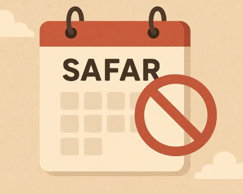 Tidak ada larangan bulan Safar dalam Islam yang bersifat baku karena mempercayai bulan ini sebagai sial atau penuh bencana termasuk khurafat yang harus dihindari.